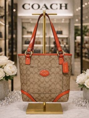 Coach Peyton Heritage Tote Shoulder Bag Khaki & Coral/Red Pomegranate Trim